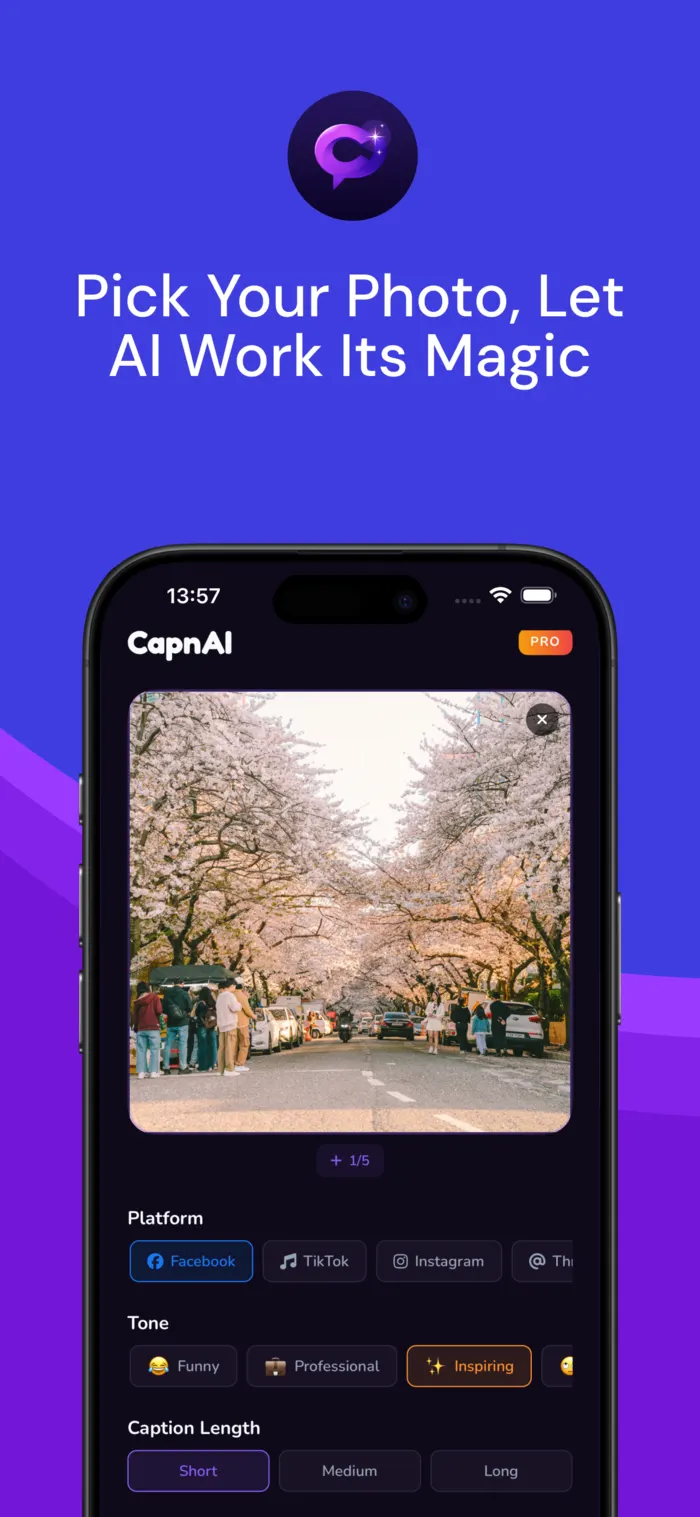 Capwit home screen — pick a photo to generate captions